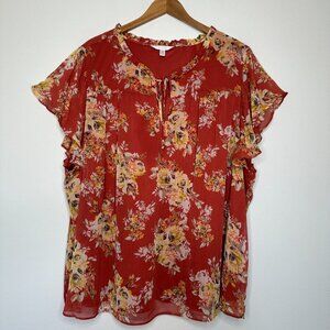 LC Lauren Conrad Flutter Sleeve Blouse 4X Orange Floral Chiffon Tunic‎